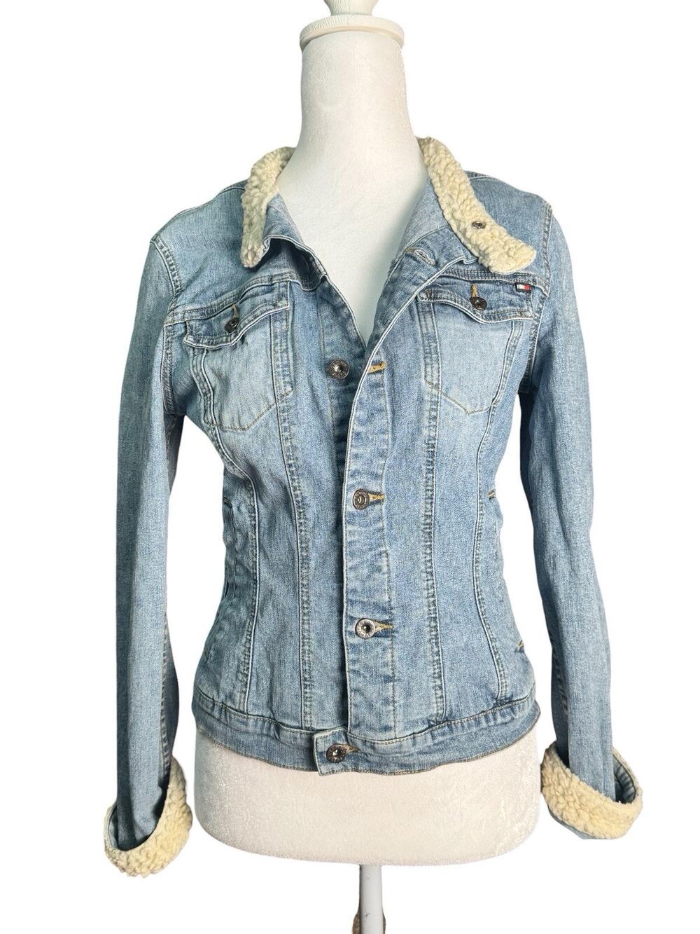 Y2K Tommy Jeans Womens Sherpa Denim Jacket Peace Sign Trucker Vtg Grunge Medium